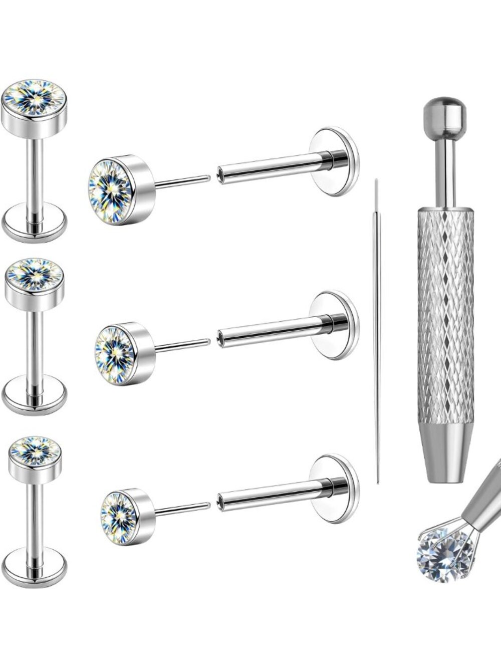 20G 3 Pairs Moissanite Flat Back Earrings - Hypoallergenic Titanium Jewelry